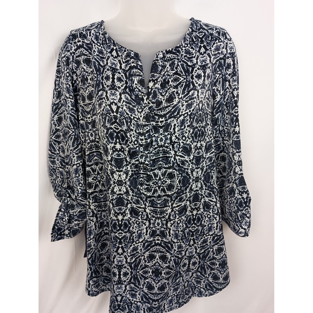 Rock republic navy blue tunic blouse S church office mature‎ animal print tribal